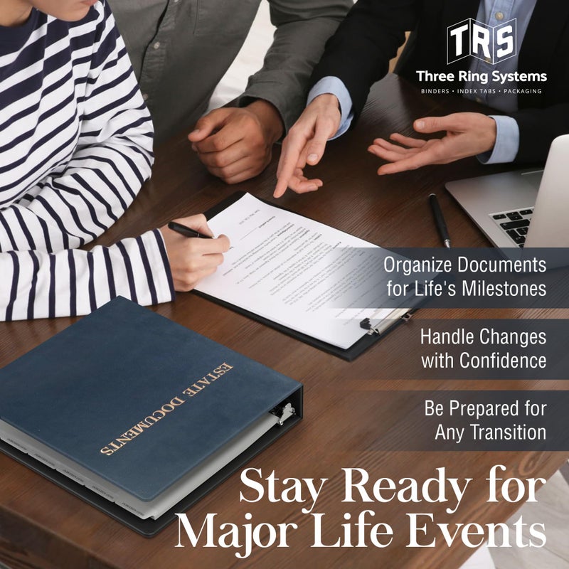 Three Ring Systems Estate Planning Binder with Pre-Labeled Tabs, 1.5-Inch Angle D Ring, Faux Leather, Sheet Protectorsâ€“ Organizing Wills, Trusts, Powers of Attorney & Final Wishes (Navy with Bronze) + Linen Folder - Image 5